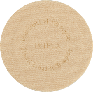 Twirla patch. It is beige and round and contains the text "levonorgestrel 120 mcg/day. ethinyl estradiol 30 mcg/day.