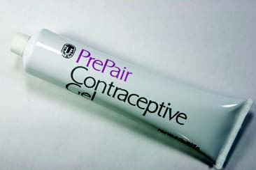 A small plastic tube with PrePair Contraceptive Gel written on it.